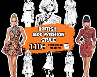Mais de 110 carimbos para Procreate com estilo Mod britânico, ilustração de moda, moda no Procreate, moda britânica, designs de moda, carimbos para Procreate