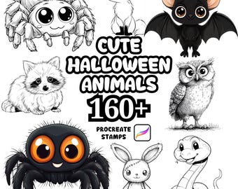 Pincéis de Animais de Halloween para Procreate, mais de 160 carimbos fofos de animais de Halloween para Procreate, corujas assustadoras, lobos, morcegos, aranhas e gatos.