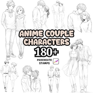 Könnte beinhalten: Schwarz-Weiß-Illustrationen von Anime-Paaren in verschiedenen Posen. Der Text "ANIME COUPLE CHARACTERS 180+ PROCREATE STAMPS" ist ebenfalls enthalten. Die Illustrationen zeigen Paare, die sich umarmen und Händchen halten.