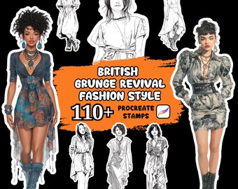 Mais de 110 carimbos para Procreate no estilo grunge britânico revival, ilustração de moda, moda no Procreate, moda britânica, designs de moda.