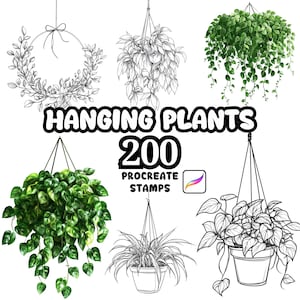 Pode incluir: Imagem mostrando uma coleção de plantas suspensas, incluindo uma coroa de flores e várias plantas em vasos. O texto "HANGING PLANTS 200 PROCREATE STAMPS" é exibido. A imagem apresenta ilustrações coloridas e em preto e branco.