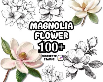 Procreate Flower Brushes, 100+ Magnolia Flower Procreate Stamps, Floral Procreate, Botanical, Nature, Background, Wreath, Bouquet, Flower