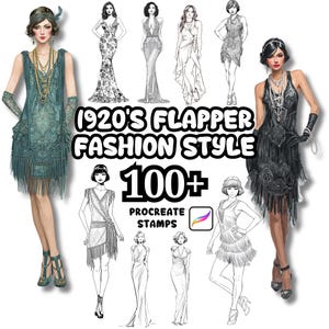 May include: Digital art featuring illustrations of 1920s flapper fashion. The image includes drawings of women in various flapper dresses, along with the text "1920'S FLAPPER FASHION STYLE" and "100+ PROCREATE STAMPS".
