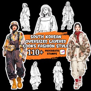 May include: An image featuring illustrations of South Korean oversized layered looks fashion style. The image includes several fashion illustrations in color and black and white, with the text "South Korean Oversized Layered Looks Fashion Style 110+ Procreate Stamps."