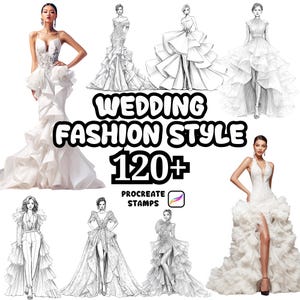 Puede incluir: Bocetos de vestidos de novia de varios estilos. La imagen incluye el texto "WEDDING FASHION STYLE 120+ PROCREATE STAMPS". Los vestidos son blancos y presentan diferentes diseños, incluyendo volantes y encajes.