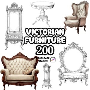 Può includere: Illustrazione di mobili vittoriani, tra cui un divano, una poltrona, un tavolo, uno specchio e un orologio a pendolo. L'immagine presenta il testo "Victorian Furniture 200" in grassetto, in bianco e nero.