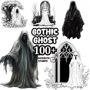 May include: A collection of gothic ghost illustrations in black and white. The image features various depictions of ghosts, including a cloaked figure and a ghost in a window. The text "Gothic Ghost 100+ Procreate Stamps" is also included.
