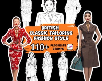 Mais de 110 carimbos para Procreate com estilo clássico de alfaiataria britânica, ilustração de moda, moda para Procreate, moda britânica, designs de moda.