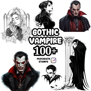 May include: A digital art collection featuring gothic vampire illustrations. The image includes portraits of vampires with sharp features, long hair, and dark clothing. The text "Gothic Vampire 100+ Procreate Stamps" is also visible.
