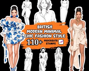 Mais de 110 carimbos para Procreate com estilo minimalista britânico moderno, ilustração de moda, moda no Procreate, moda britânica, designs de moda.
