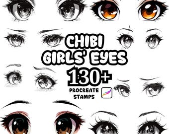 Pincéis para Procreate com personagens humanos, 130 carimbos de olhos femininos chibi para Procreate, corpo para Procreate, personagens humanos, olhos humanos, pincéis de olhos de garota para Procreate