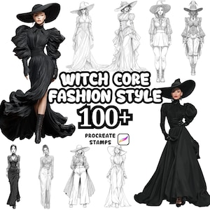 May include: An image showcasing a collection of fashion illustrations in the Witch Core style. The image features a woman in a black dress and hat, and several sketches of witch-inspired outfits. Text reads "Witch Core Fashion Style 100+ Procreate Stamps."