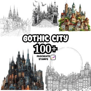 Può includere: Un'immagine con varie illustrazioni di città gotiche. Il testo "Gothic City 100+ Procreate Stamps" è ben visibile. Le illustrazioni mostrano dettagliati progetti architettonici, tra cui castelli, cattedrali e paesaggi urbani, sia a colori che in bianco e nero.