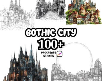 Pincéis góticos para Procreate, mais de 100 carimbos de cidades góticas para Procreate, pacote gótico, terror, assustador, arrepiante, Halloween, tema Procreate, gótico