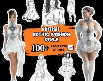 Mais de 100 carimbos para Procreate no estilo gótico britânico, ilustração de moda, moda no Procreate, moda britânica, designs de moda, arte para Procreate.