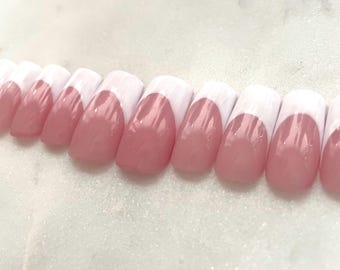 White French Tip Press On Nails | Pink Everyday Nails | Clean Girl Minimalist Nails | Neutral Almond Nails | Reusable Square Nails