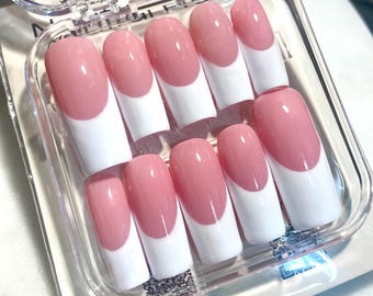 White French Tip Press On Nails | Pink Everyday Nails | Clean Girl Minimalist Nails | Neutral Almond Nails | Reusable Square Nails