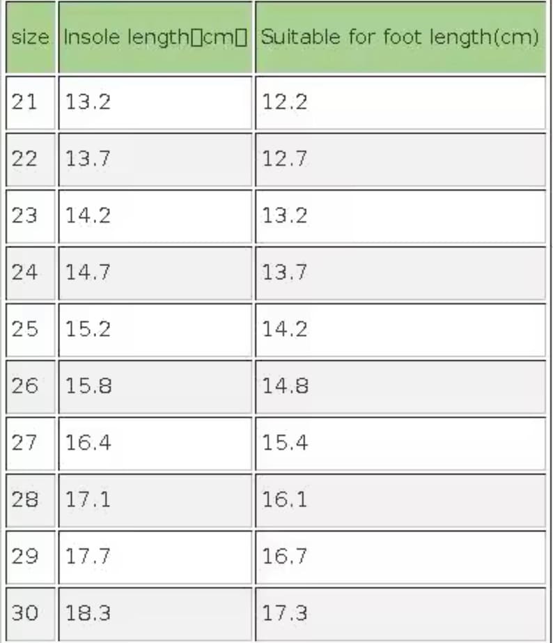 Puede incluir: Tabla blanca con una gu&iacute;a de tallas de zapatos para ni&ntilde;os. Muestra tallas de la 21 a la 30, con longitudes de plantilla en cm y longitudes de pie adecuadas en cm.