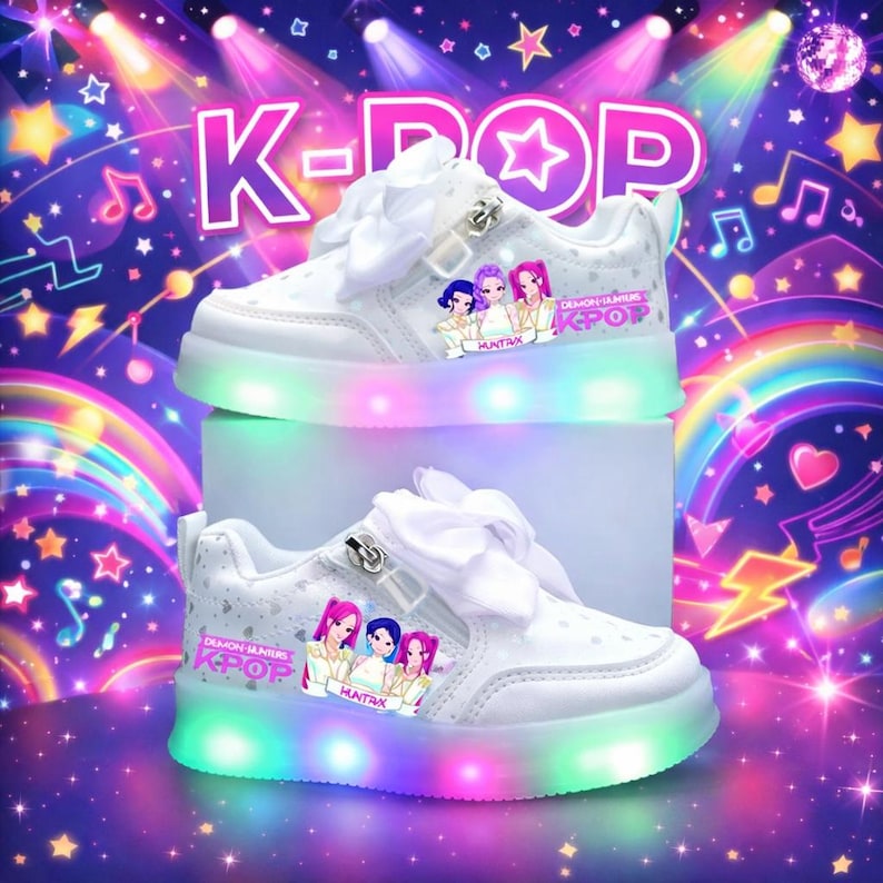 Puede incluir: Zapatillas blancas con tem&aacute;tica K-Pop con luces LED de colores en las suelas. Los zapatos presentan un lazo, una hebilla y un gr&aacute;fico de tres personajes de estilo anime. Tambi&eacute;n se ve el texto "K-POP" y "DEMON HUNTERS".