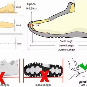 Puede incluir: Diagrama que ilustra c&oacute;mo medir la longitud del pie para el tallaje de zapatos. Incluye pasos para medir contra una pared, con un ejemplo de 26 cm. Tambi&eacute;n muestra c&oacute;mo medir las longitudes de la plantilla y la suela exterior.