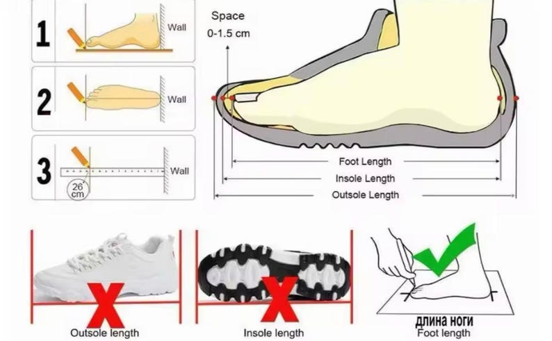 Puede incluir: Diagrama que ilustra c&oacute;mo medir la longitud del pie para el tallaje de zapatos. Incluye pasos para medir contra una pared, con un ejemplo de 26 cm. Tambi&eacute;n muestra c&oacute;mo medir las longitudes de la plantilla y la suela exterior.