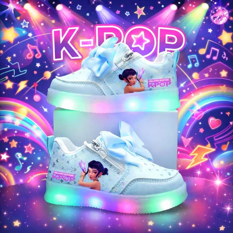 Puede incluir: Zapatillas de deporte azul claro con tem&aacute;tica K-Pop con luces LED. Los zapatos presentan un gr&aacute;fico de dibujos animados de una ni&ntilde;a, un lazo azul claro y las palabras "Demon Hunters K-Pop". Las suelas de los zapatos tienen una luz LED arco&iacute;ris.