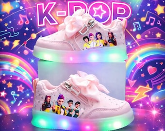 Zapatillas K-Pop Demon Hunter, zapatillas LED K-Pop para niños, zapatillas infantiles con luces de colores y adorables personajes K-Pop, regalo perfecto para fans del K-Pop.