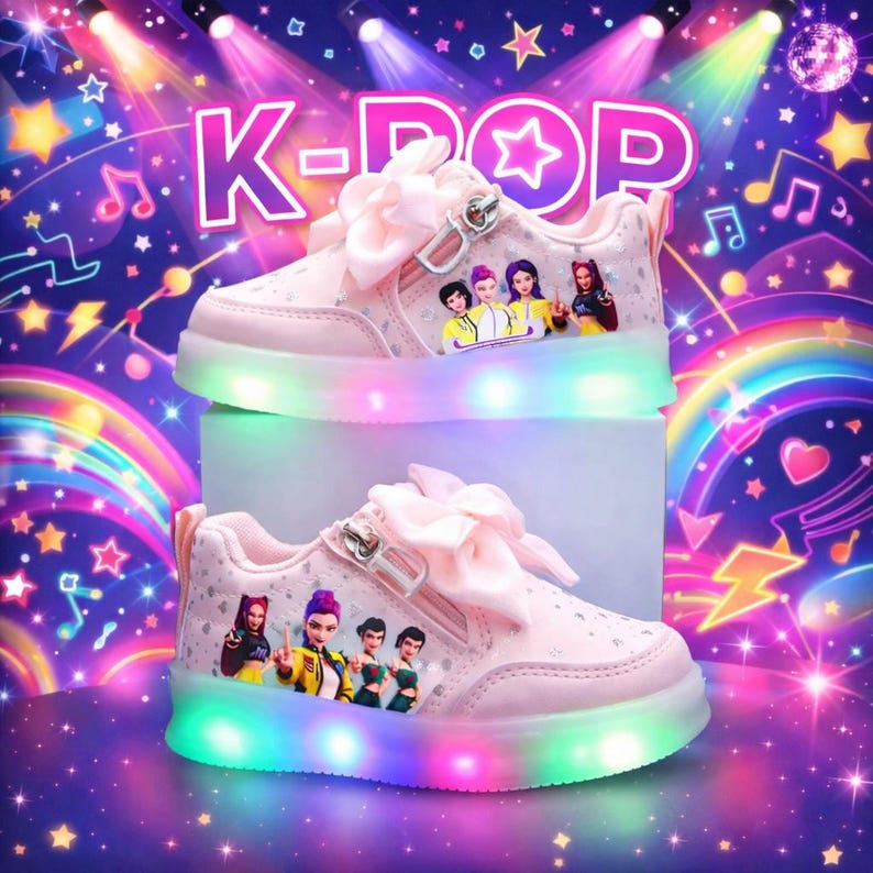 Puede incluir: Zapatillas rosas con luces con tem&aacute;tica K-POP. Los zapatos tienen un lazo, cremallera y un gr&aacute;fico de dibujos animados de un grupo de K-POP. Las suelas se iluminan con un arco&iacute;ris de colores. El fondo tiene notas musicales y estrellas.