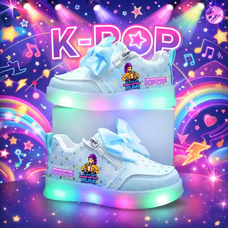 Puede incluir: Zapatillas blancas y azul claro con suela arco&iacute;ris iluminada. Los zapatos tienen un lazo en la leng&uuml;eta y un gr&aacute;fico de un personaje de dibujos animados. El texto "K-POP" y "Demon Hunters Rumi" es visible.