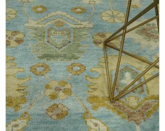 Hand Knotted Blue Oushak Rug, Soft Sky Blue and Beige Wool Area Rug, Traditional Turkish Style Floral Rug for Living Room