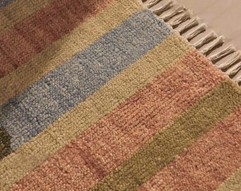 Hand Knotted Abstract Oushak Rug, Multicolor Striped Wool Area Rug, Modern Turkish Style Handmade Oushak Rug for Living Room