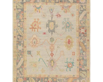 Hand Knotted Beige Oushak Rug, Soft Pastel Floral Wool Area Rug, Traditional Turkish Style Vintage Oushak Rug for Living Room
