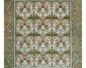 Hand Knotted Green Oushak Rug, Ivory Floral Wool Area Rug, Traditional Turkish Style Botanical Rug for Living Room or Bedroom