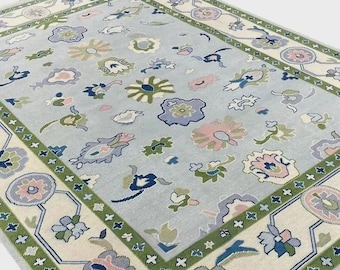 Hand Knotted Blue Oushak Rug, Vintage Turkish Style Wool Area Rug, Pastel Floral Oushak for Living Room Bedroom