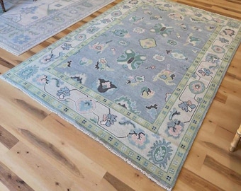 Hand Knotted Blue Oushak Rug, Vintage Turkish Style Wool Area Rug, Pastel Floral Oushak for Living Room Dining Room