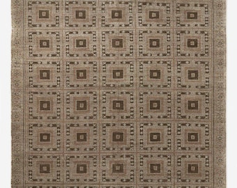 Hand Knotted Brown Beige Geometric Rug | Tribal Square Pattern Wool Area Rug | Rustic Scandinavian Boho Decor, Custom Sizes Runner & Large