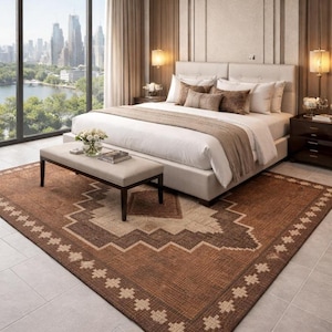 May include: A bedroom featuring a large bed with white linens, brown pillows, and a beige throw. A patterned brown rug with a geometric design sits on the floor. A bench and nightstands complete the room.
