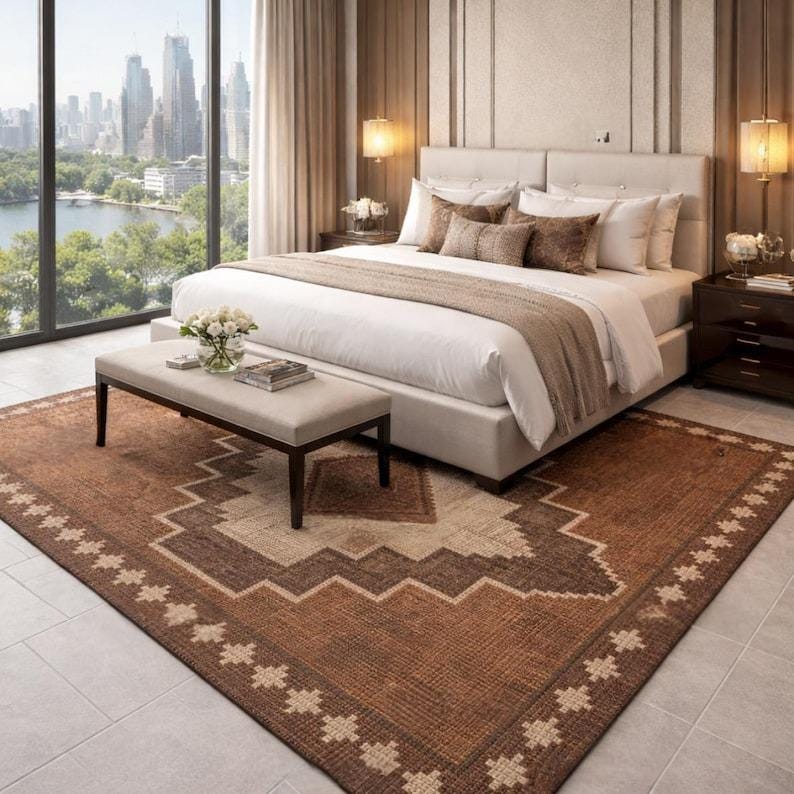 May include: A bedroom featuring a large bed with white linens, brown pillows, and a beige throw. A patterned brown rug with a geometric design sits on the floor. A bench and nightstands complete the room.