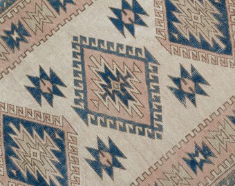 Hand Knotted Beige Oushak Rug, Vintage Turkish Style Wool Area Rug, Blue Geometric Medallion Oushak for Living Room Bedroom