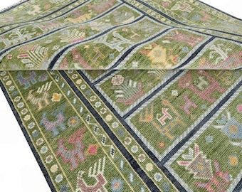 Hand Knotted Green Oushak Rug, Tribal Turkish Style Wool Area Rug, Animal Motif Vintage Oushak for Living Room Bedroom