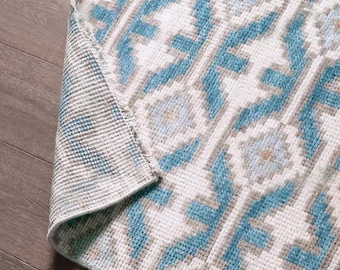 Hand Knotted Blue Beige Oushak Rug, Geometric Turkish Style Area Rug, Neutral Vintage Pattern Wool Oushak Rug for Living Room