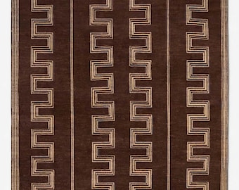 Brown Greek Key Hand Knotted Wool Rug | Minimal Geometric Striped Area Rug | Modern Rustic Scandinavian Living Room Bedroom Rug