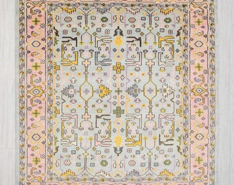 Hand Knotted Pastel Oushak Rug, Soft Blue and Blush Pink Floral Area Rug, Traditional Turkish Style Vintage Oushak Wool Rug