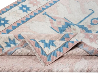 Hand Knotted Beige Oushak Rug, Vintage Turkish Style Wool Area Rug, Blue Medallion Neutral Oushak for Living Room Bedroom