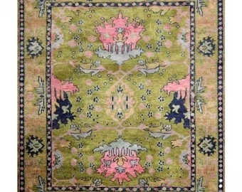 Vintage Green & Pink Hand Knotted Oushak Rug | Floral Oriental Wool Area Rug | Boho Farmhouse Statement | Custom Size