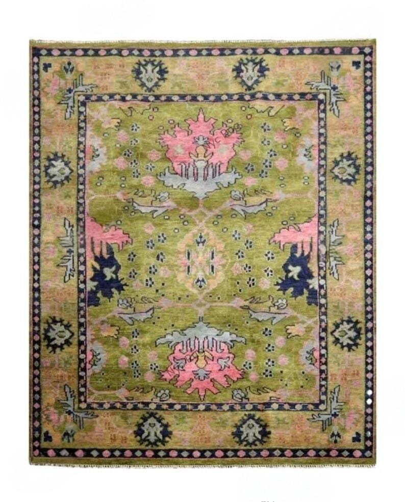 Pink And Green Shell Rug Vintage Green & Pink Hand Knotted Oushak Rug | Floral Oriental Wool ...