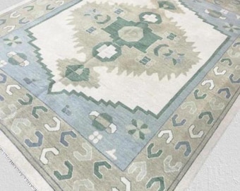 Hand Knotted Beige Oushak Rug, Vintage Turkish Style Wool Area Rug, Blue Green Geometric Medallion Oushak for Living Room