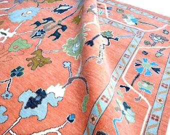 Hand Knotted Coral Oushak Rug, Vintage Turkish Style Wool Area Rug, Floral Medallion Peach Oushak for Living Room Bedroom
