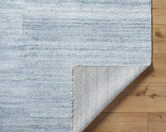 Blue Gray Hand Knotted Wool Rug | Minimalist Solid Texture Area Rug | Scandinavian Coastal Modern | Bedroom Living Room Rug | Custom Size