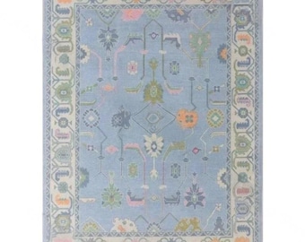 Hand Knotted Blue Oushak Rug, Vintage Turkish Style Wool Area Rug, Pastel Floral Medallion Oushak for Living Room Bedroom